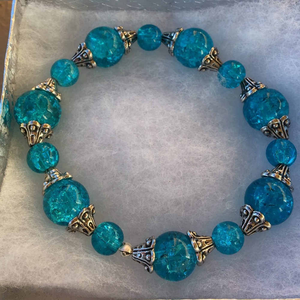 Blue Glass Bead Elastic Bracelet